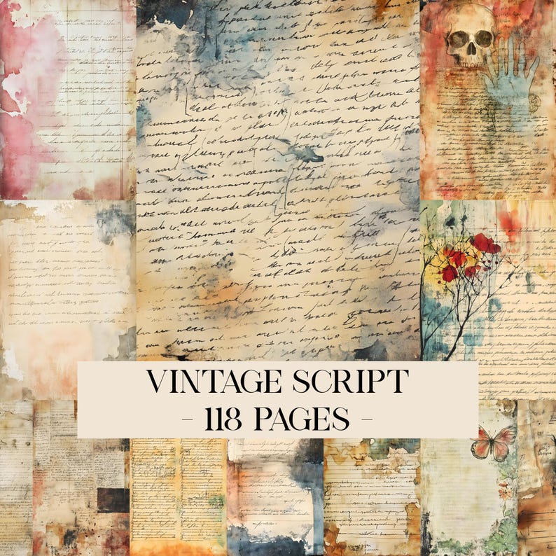 Vintage Script Printable Paper Pack Pretty Grungy Collage Distress Old ...