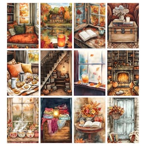 May include: A collection of watercolor paintings depicting cozy autumn scenes. Images include a reading nook, a lakeside cabin, open books, a staircase with books, a window with falling leaves, a fireplace, and a table with flowers.
