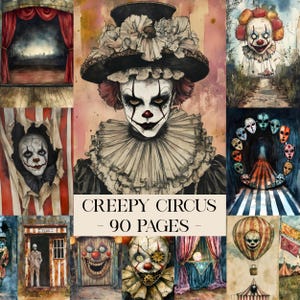May include: A collage of watercolor illustrations with a creepy circus theme. The images feature clowns, masks, and circus settings. Text on the image reads "Creepy Circus - 90 Pages". The color palette includes red, black, white, and shades of brown.