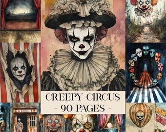 May include: A collage of watercolor illustrations with a creepy circus theme. The images feature clowns, masks, and circus settings. Text on the image reads "Creepy Circus - 90 Pages". The color palette includes red, black, white, and shades of brown.