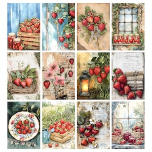 Puede incluir: Una colecci&oacute;n de ilustraciones en acuarela con fresas rojas maduras. Las im&aacute;genes muestran fresas en varios entornos, incluyendo cajas de madera, cestas y tarros, con fondos florales y r&uacute;sticos. La obra de arte evoca una sensaci&oacute;n de verano y frescura.
