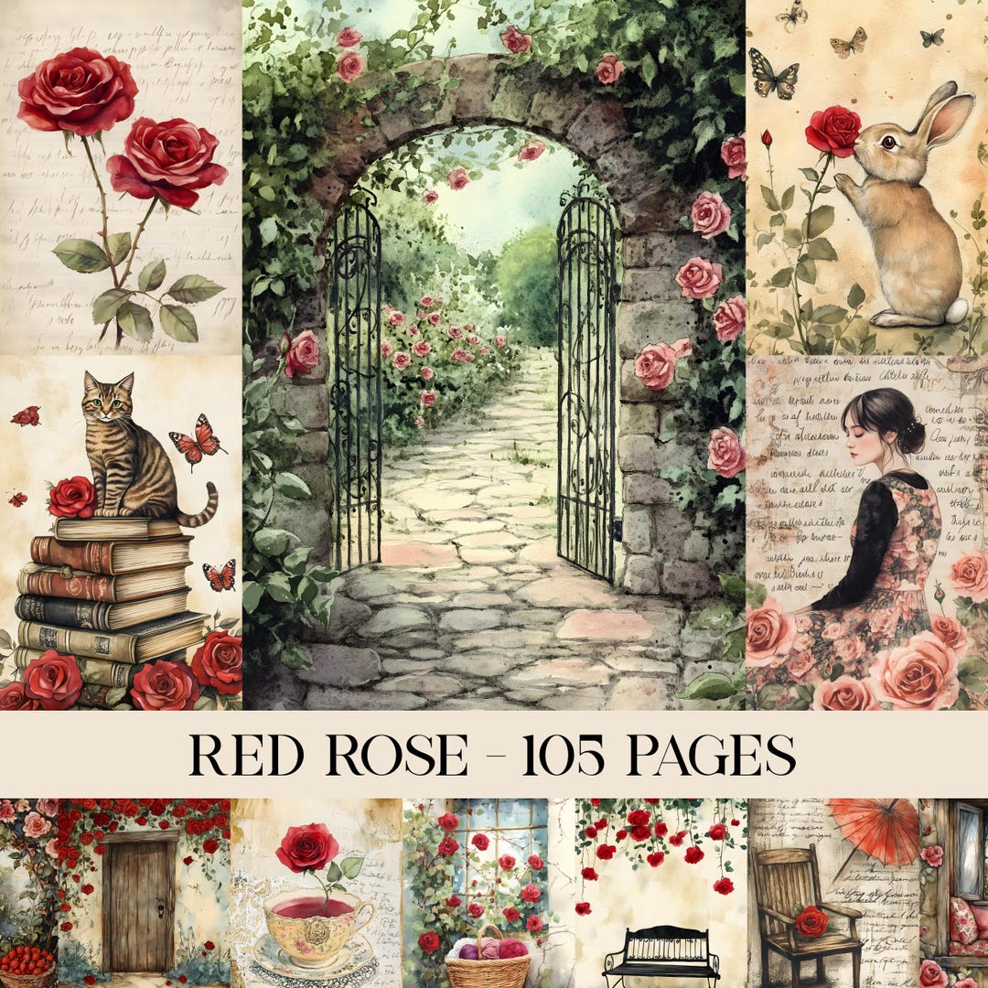 Shabby Chic Red Rose Junk Journal Kit, Shabby Chic Papers, Floral Junk ...