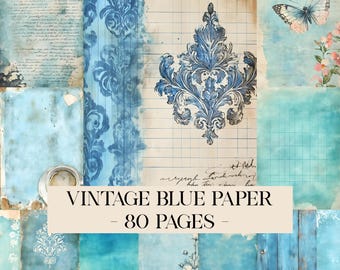 Vintage Blue Printable Paper, Blue Junk Journal Pages, Shabby Chic Journal Paper, Blue Scrapbooking Paper, Rustic Journal, Digital Download