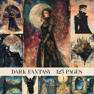Puede incluir: Una colección de ilustraciones en acuarela con temática de fantasía oscura. Las imágenes incluyen una mujer con armadura, una pareja abrazándose, un castillo y otras escenas fantásticas. Se muestra el texto "DARK FANTASY - 125 PAGES".