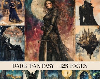 Fae Court Dark Fantasy Junk Journal Pages, Bookish Romantasy, Celestial Dark Romance Digital Collage, Night Aesthetic, Scrapbook Paper