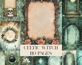 Celtic Witch Junk Journal Pages, Pagan Grimoire Printable Pages, Dark Green Witchy Scrapbook Backgrounds Witchcraft Aesthetic Digital Papers