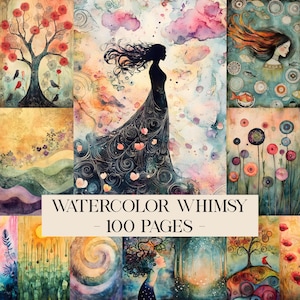 May include: A collection of watercolor art prints with a whimsical theme. The prints feature a variety of colorful illustrations, including a silhouette of a woman, trees, flowers, and abstract designs. The text "WATERCOLOR WHIMSY - 100 PAGES -" is displayed.
