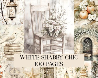 White Shabby Scrapbook Papers, Shabby Chic Junk Journal Pages, Digital Floral Wall Art Wedding Digital Decoupage Background Vintage Ephemera