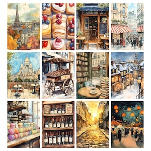 May include: A collection of watercolor paintings depicting scenes of Paris. The images include the Eiffel Tower, pastries, cafes, street scenes, a library, and a wine shop. The artwork evokes a sense of European charm and culture.