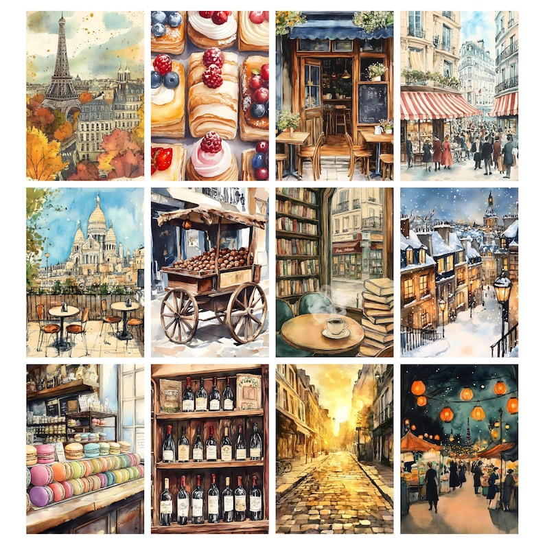 May include: A collection of watercolor paintings depicting scenes of Paris. The images include the Eiffel Tower, pastries, cafes, street scenes, a library, and a wine shop. The artwork evokes a sense of European charm and culture.