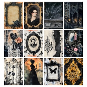 May include: A collection of watercolor art prints with a gothic theme. The prints feature ornate frames, portraits, butterflies, and decorative elements in black, gold, and sepia tones. The overall aesthetic is dark and romantic.