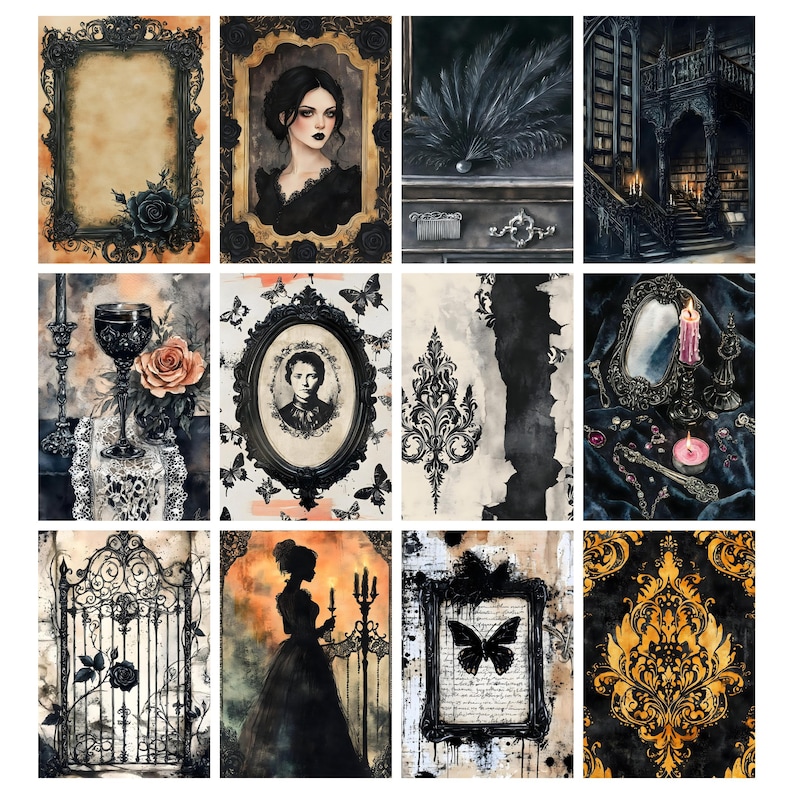 May include: A collection of watercolor art prints with a gothic theme. The prints feature ornate frames, portraits, butterflies, and decorative elements in black, gold, and sepia tones. The overall aesthetic is dark and romantic.