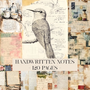 Puede incluir: Un collage con un dibujo detallado a pluma y tinta de un pájaro posado en una rama, rodeado de notas manuscritas y bocetos vintage. El texto "HANDWRITTEN NOTES - 120 PAGES" se muestra en una pancarta.