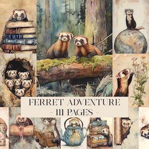 Puede incluir: Un collage de ilustraciones en acuarela con hurones en varias escenas. Las imágenes incluyen hurones con libros, en un globo terráqueo y en un entorno forestal. Se muestra el texto "FERRET ADVENTURE - 111 PAGES".