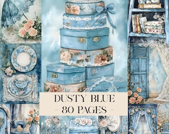 Dusty Blue Junk Journal Pages, Vintage Floral Lined Paper, Printable Writing Paper, Shabby Chic Stationery, Blue Aesthetic Ephemera Set