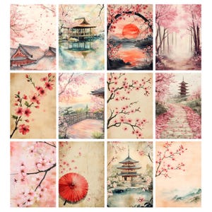 May include: A collection of watercolor art prints featuring Japanese landscapes with cherry blossoms. The prints depict temples, pagodas, and serene scenes with pink and red hues. Some prints include a red parasol and a setting sun.