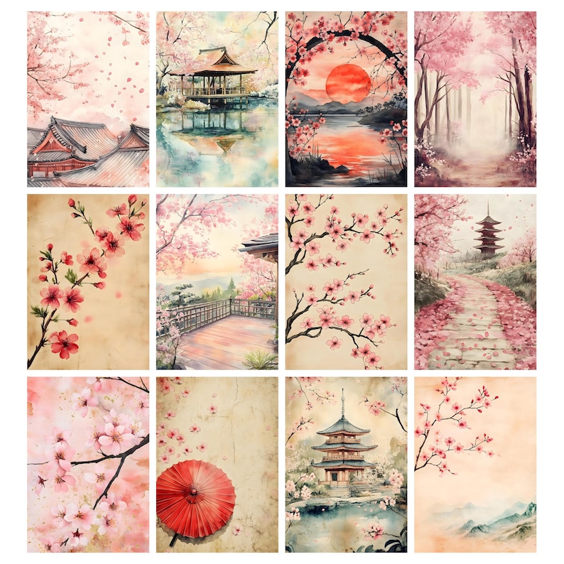 May include: A collection of watercolor art prints featuring Japanese landscapes with cherry blossoms. The prints depict temples, pagodas, and serene scenes with pink and red hues. Some prints include a red parasol and a setting sun.