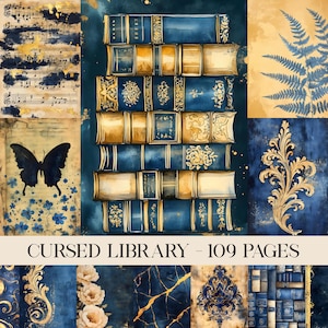 Op de afbeelding: Een collage met een stapel blauwe en gouden boeken met sierlijke ontwerpen. De afbeelding bevat een vlinder, bladmuziek en bloemelementen. De tekst "CURSED LIBRARY - 109 PAGES" staat onderaan.