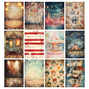 May include: A collection of twelve vintage-style circus-themed digital backdrops. The images feature a variety of scenes, including a carousel, circus tents, and clown faces. The color palette includes reds, blues, and browns.
