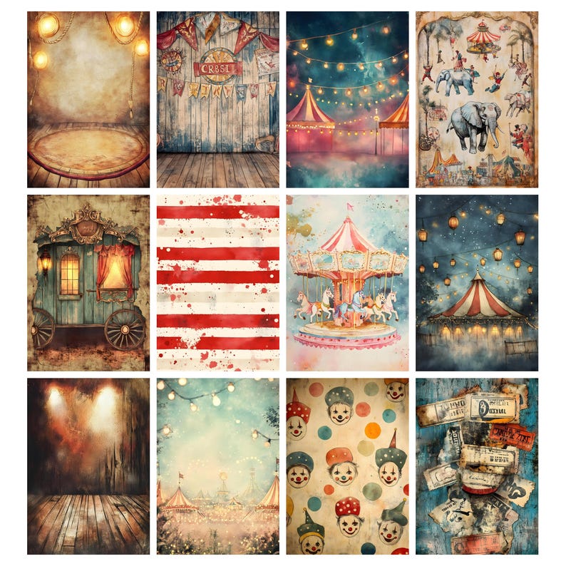 May include: A collection of twelve vintage-style circus-themed digital backdrops. The images feature a variety of scenes, including a carousel, circus tents, and clown faces. The color palette includes reds, blues, and browns.