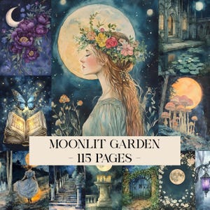 Puede incluir: Ilustración en acuarela con una mujer con una corona de flores frente a una luna llena. La imagen se titula "Moonlit Garden - 115 páginas". Otros paneles muestran flores, una mariposa y un edificio gótico.