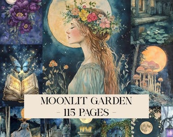 Kit para impressão de diário de lixo de jardim iluminado pela lua, itens digitais de bruxa, scrapbook lunar, papel de fundo gótico, páginas de fantasia de flores celestiais
