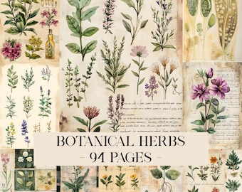 Botanical Herbs Junk Journal Pages, Digital Scrapbook Paper Kit, Herbal Printable, Antique Collage Sheet, Vintage Plant Ephemera, Apothecary