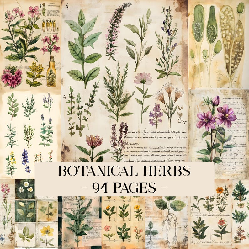 May include: A collection of botanical illustrations featuring various herbs and flowers. The images are printed on aged paper with a vintage aesthetic. The text "Botanical Herbs - 94 Pages" is displayed in the center.