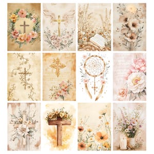 May include: A collection of twelve watercolor art prints featuring religious and floral themes. The prints showcase crosses, flowers, and dreamcatchers in soft, muted colors. The artwork has a vintage, rustic aesthetic, with a focus on delicate details and textures.