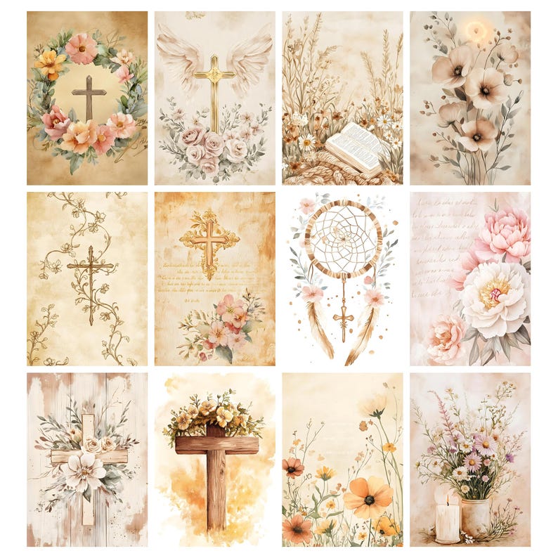 May include: A collection of twelve watercolor art prints featuring religious and floral themes. The prints showcase crosses, flowers, and dreamcatchers in soft, muted colors. The artwork has a vintage, rustic aesthetic, with a focus on delicate details and textures.