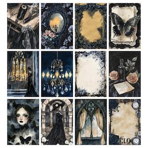 May include: A collection of twelve gothic-themed art prints. The prints feature watercolor illustrations of a variety of subjects, including a chandelier, a woman in a black dress, butterflies, and ornate frames. The color palette is primarily dark blues, blacks, and creams.