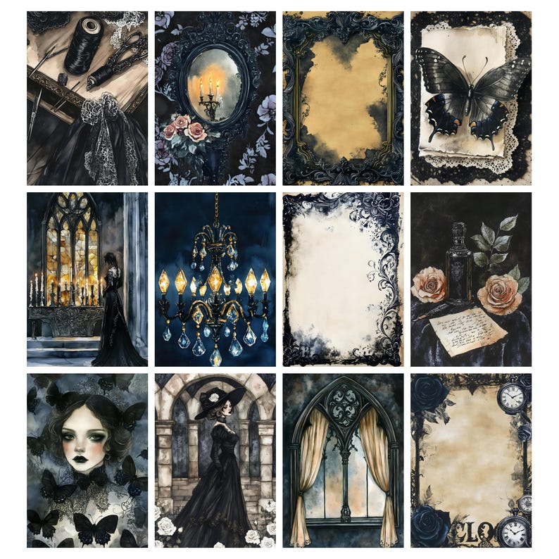 May include: A collection of twelve gothic-themed art prints. The prints feature watercolor illustrations of a variety of subjects, including a chandelier, a woman in a black dress, butterflies, and ornate frames. The color palette is primarily dark blues, blacks, and creams.