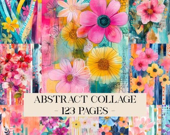 Abstracte collage digitaal papier, plakboekpapier, mixed mediakunst, abstracte achtergrond, stippen, strepen, bloemen ongewenste tijdschriftpagina's, bloemen