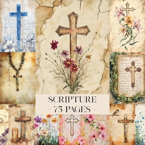 Peut inclure: Un collage d'images à l'aquarelle représentant des croix, des fleurs et des éléments scripturaires. L'image centrale montre une croix marron avec des fleurs. Le texte "SCRIPTURE - 75 PAGES" est visible.