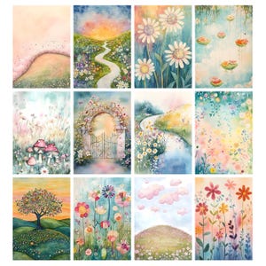 May include: A collection of twelve watercolor art prints featuring whimsical garden scenes. Each print showcases vibrant colors and depicts flowers, pathways, and landscapes. The artwork evokes a dreamy, fairytale-like atmosphere, perfect for wall decor.
