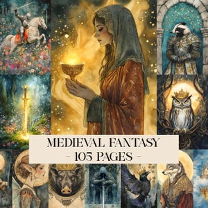 May include: A collection of watercolor illustrations with a medieval fantasy theme. The images include a knight on horseback, a woman holding a glowing chalice, and various fantasy creatures. The text "MEDIEVAL FANTASY - 105 PAGES -" is displayed.