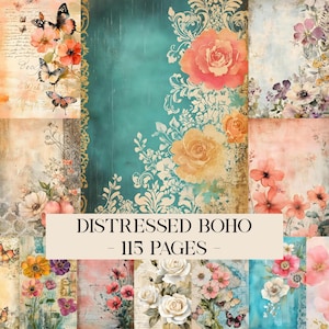 Könnte beinhalten: Eine Sammlung digitaler Papiere im Distressed-Boho-Stil. Die Papiere zeigen florale Designs, Schmetterlinge und Vintage-Schriftelemente in Türkis-, Pfirsich- und Cremetönen. Der Text "DISTRESSED BOHO - 115 PAGES" ist zu sehen.