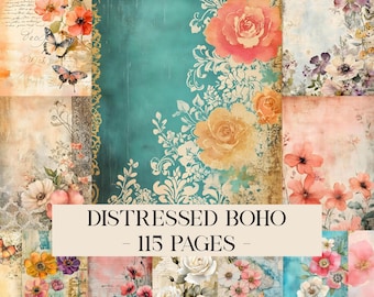 May include: A collection of distressed boho-themed digital papers. The papers feature floral designs, butterflies, and vintage script elements in shades of teal, peach, and cream. The text "DISTRESSED BOHO - 115 PAGES" is displayed across the center.