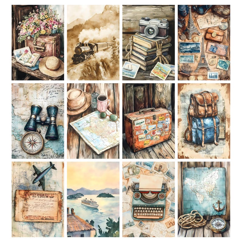 May include: Watercolor illustrations of travel-themed items. The images include a vintage suitcase, a train, a camera, a compass, binoculars, a map, a typewriter, a cruise ship, and a stack of books. The color palette is primarily sepia tones with pops of color.