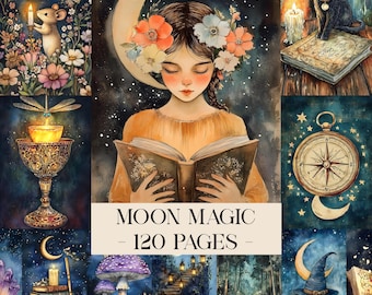 Moon Magic Junk Journal Kit: Gothic Lunar Fantasy Journal, Celestial Journal, Botanical Junk Journal Pages Witchy Printable Digital Download
