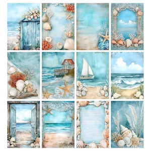 Op de afbeelding: Een verzameling aquarel illustraties met kusttaferelen. Elke afbeelding toont schelpen, koraal en strandelementen in tinten blauw, beige en wit. Sc&egrave;nes omvatten een strandhut, zeilboot en open deuren met uitzicht op de oceaan.