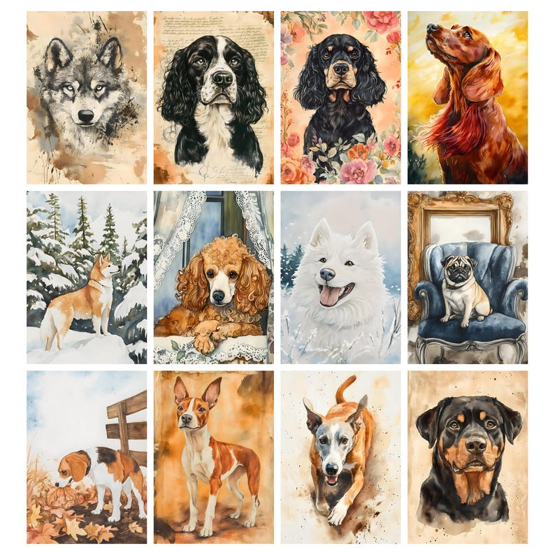 May include: A collection of watercolor dog portraits. The images feature various breeds, including a wolf, spaniel, dachshund, husky, poodle, Samoyed, pug, beagle, and a Rottweiler. Each portrait has a unique background and style, with a vintage aesthetic.