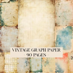 May include: A collection of vintage graph paper pages with a grid pattern and aged appearance. The pages have a beige background with a grid overlay, and the text "VINTAGE GRAPH PAPER - 90 PAGES -" is displayed across the image.