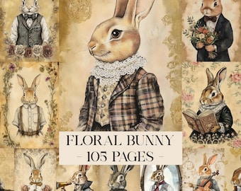 Floral Bunny Digital Papers, Printable Cute Easter Rabbit Botanical Art Junk Journal Kit, Decoupage Spring Vintage Ephemera Scrapbook Papers
