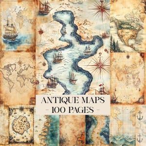 Könnte beinhalten: Eine Collage antiker Karten mit Vintage-Ästhetik. Die Karten zeigen Segelschiffe, Windrosen und Weltkarten in Braun-, Beige- und Blautönen. Der Text "ANTIQUE MAPS - 100 PAGES -" wird in einem cremefarbenen Rechteck angezeigt.