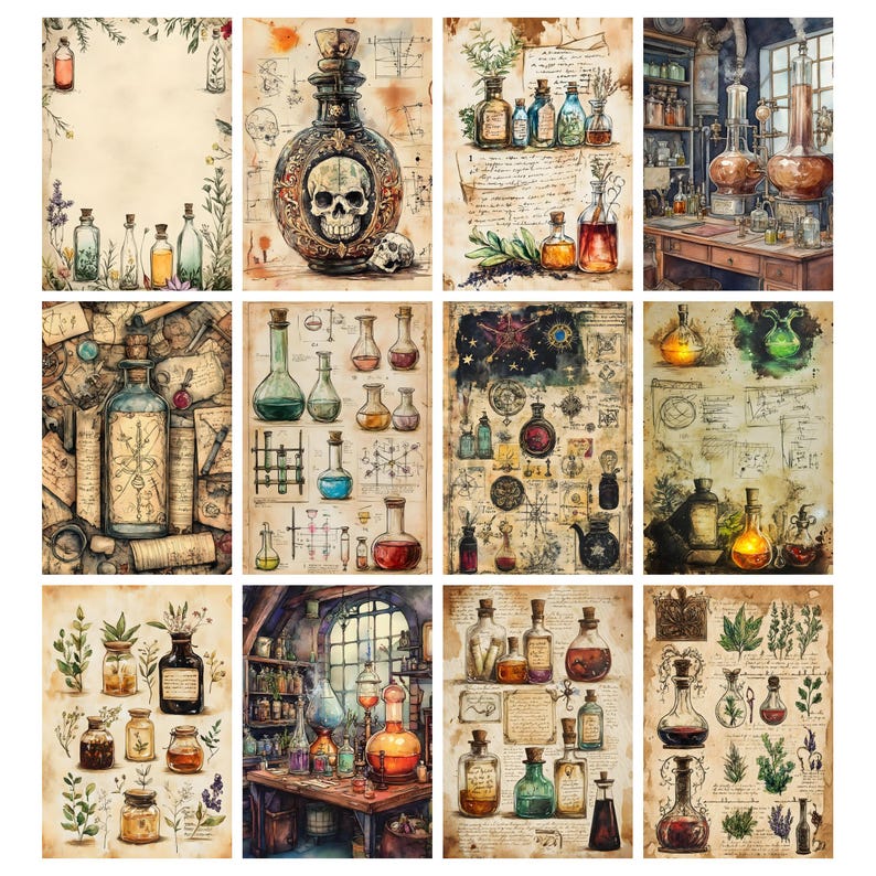 Mystic Potion Junk Journal Pages, Digital Scrapbook Paper Kit, Vintage ...