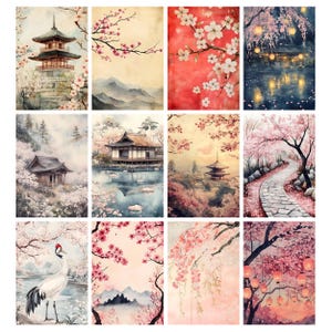 May include: A collection of twelve watercolor prints featuring Japanese landscapes with cherry blossoms. The prints depict pagodas, temples, mountains, and serene water scenes. The color palette includes shades of pink, red, and soft greens.