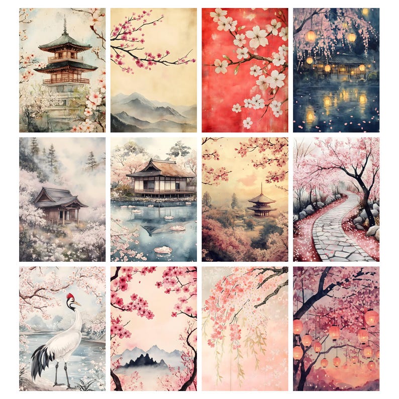May include: A collection of twelve watercolor prints featuring Japanese landscapes with cherry blossoms. The prints depict pagodas, temples, mountains, and serene water scenes. The color palette includes shades of pink, red, and soft greens.