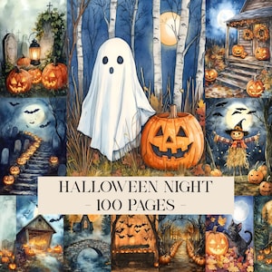 May include: A collage of watercolor-style Halloween illustrations featuring a white ghost, jack-o'-lanterns, a scarecrow, a black cat, and spooky landscapes. The text HALLOWEEN NIGHT - 100 PAGES - is centered in a beige rectangle over the images.