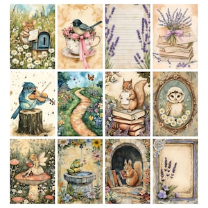 May include: A collection of watercolor illustrations featuring whimsical scenes. Includes a mouse with mail, a bird in a teacup, a path, a squirrel with books, and an owl in a frame. The color palette is soft with floral and nature elements.